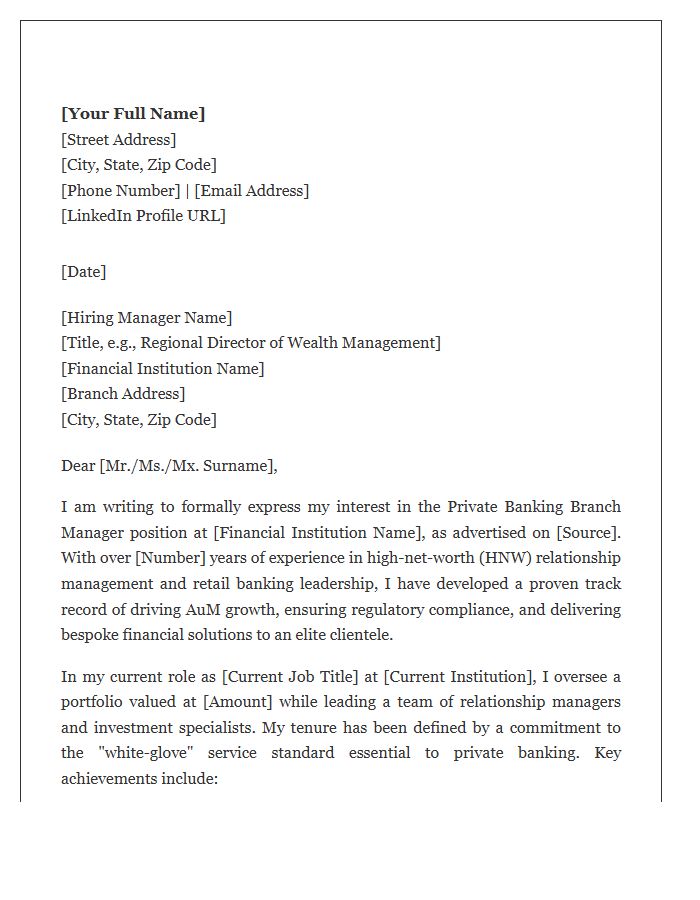 Private Banking Branch Manager Cover Letter Template