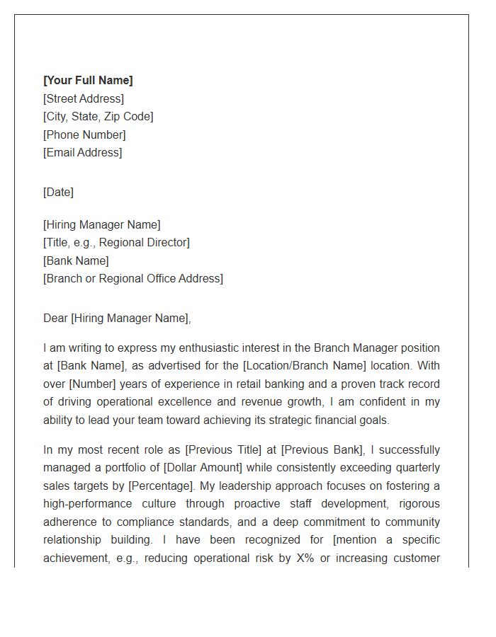 Regional Bank Branch Manager Cover Letter Template