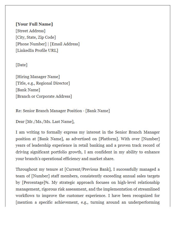 Senior Bank Branch Manager Cover Letter Template