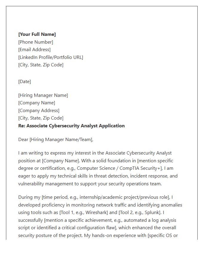 Associate Cybersecurity Analyst Cover Letter Template
