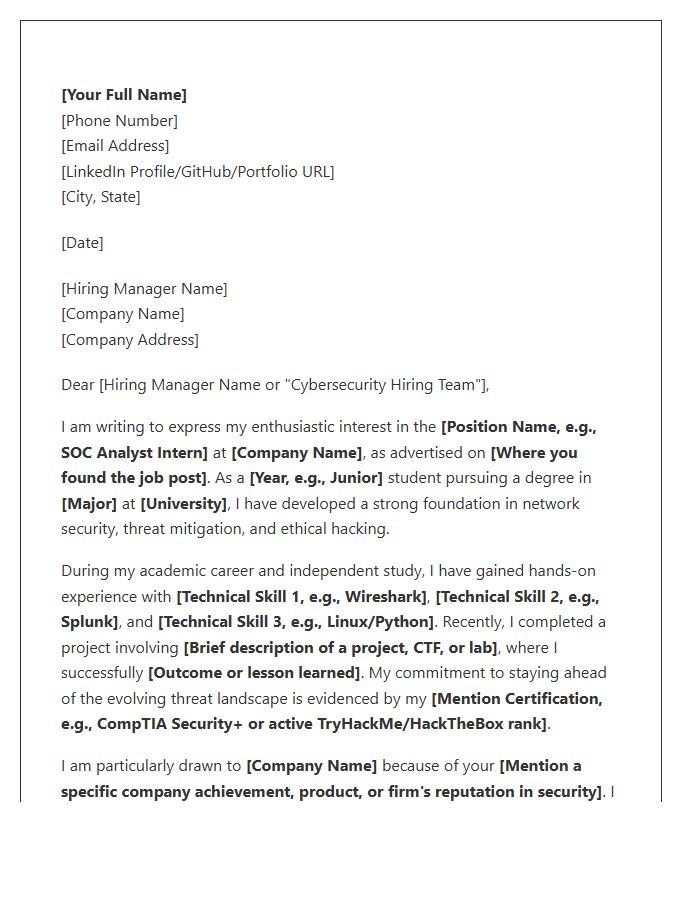 Cybersecurity Internship Cover Letter Template