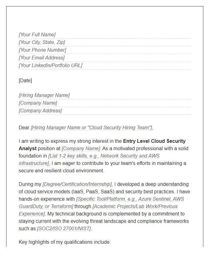 Entry Level Cloud Security Analyst Cover Letter Template