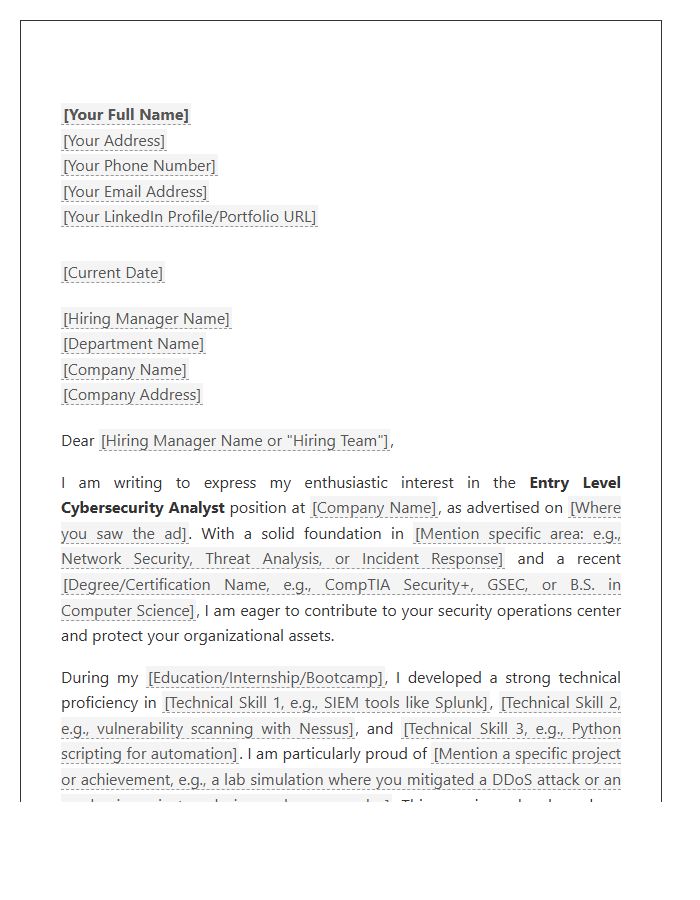 Entry Level Cybersecurity Analyst Cover Letter Template