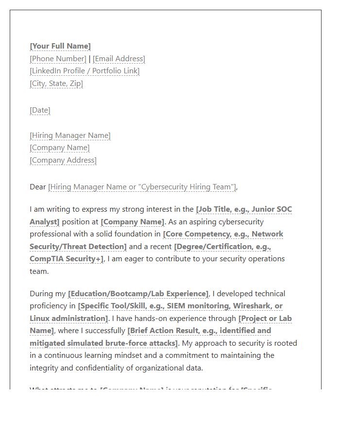 Entry Level Cybersecurity Operations Cover Letter Template