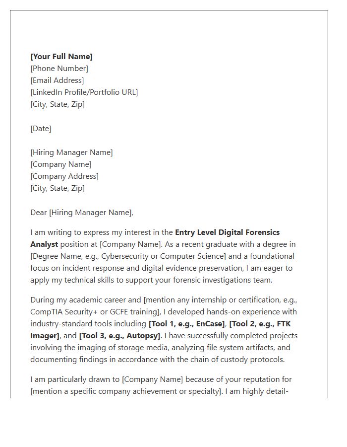 Entry Level Digital Forensics Analyst Cover Letter Template