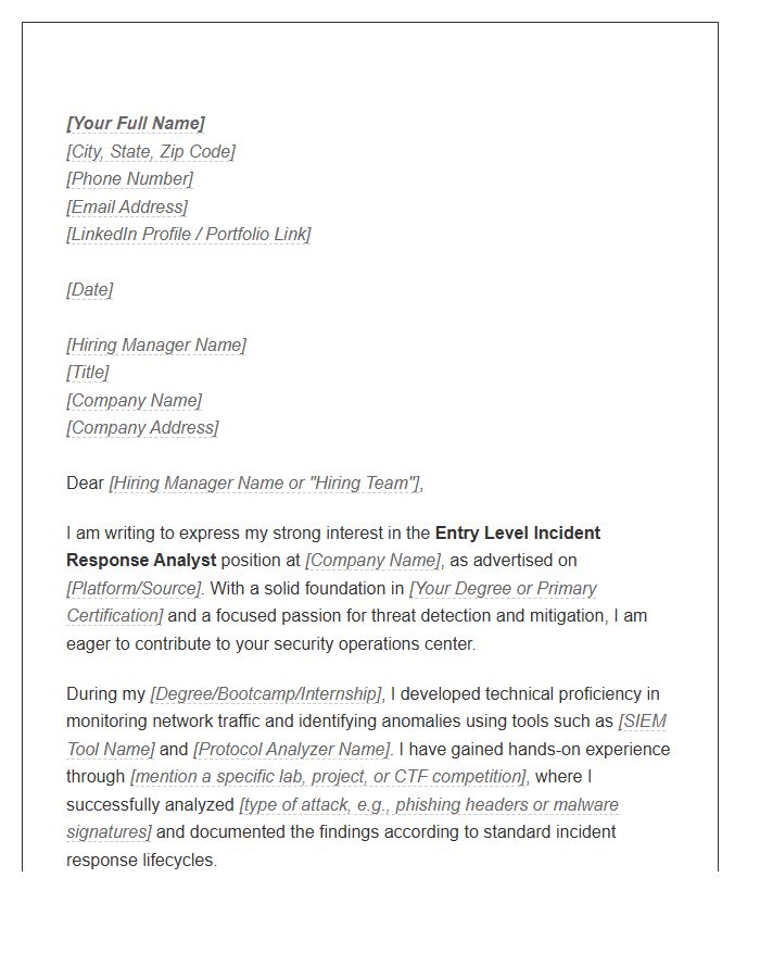 Entry Level Incident Response Analyst Cover Letter Template
