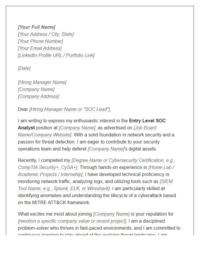 Entry Level SOC Analyst Cover Letter Template