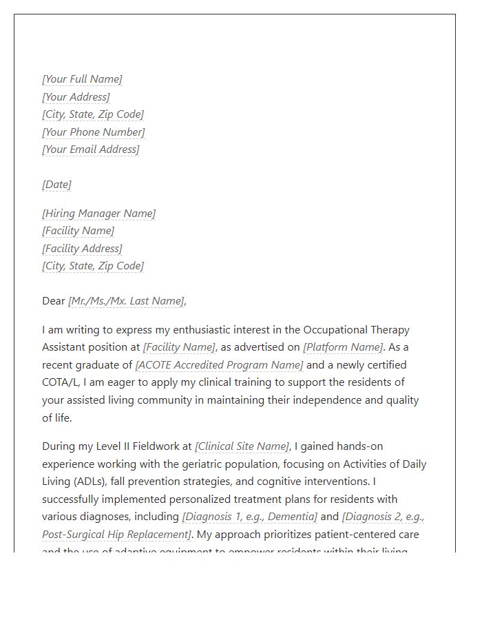Entry Level Occupational Therapy Assistant Cover Letter Template For Assisted Living