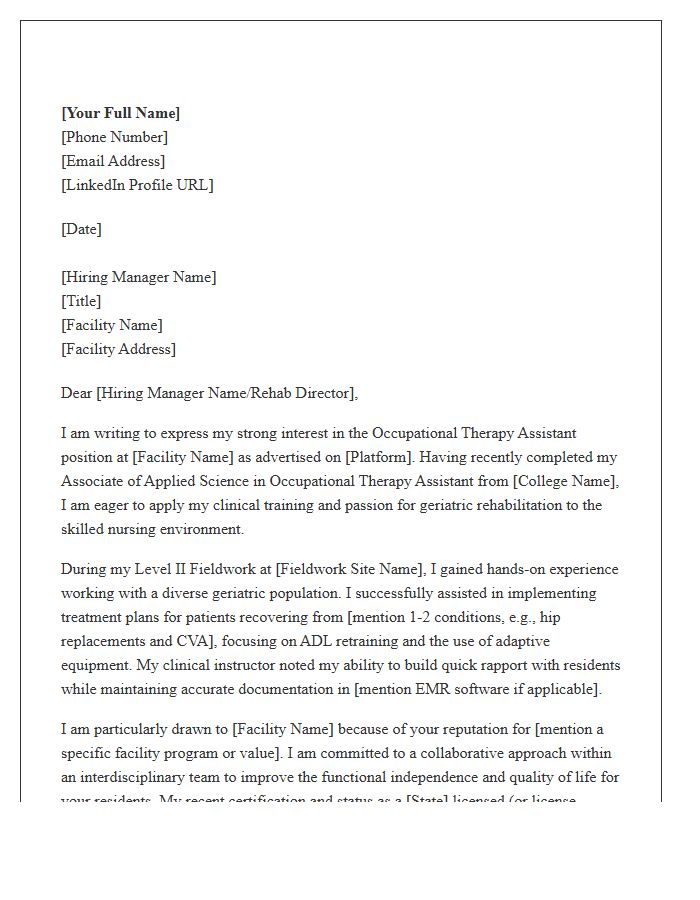 Entry Level Occupational Therapy Assistant Cover Letter Template For Skilled Nursing