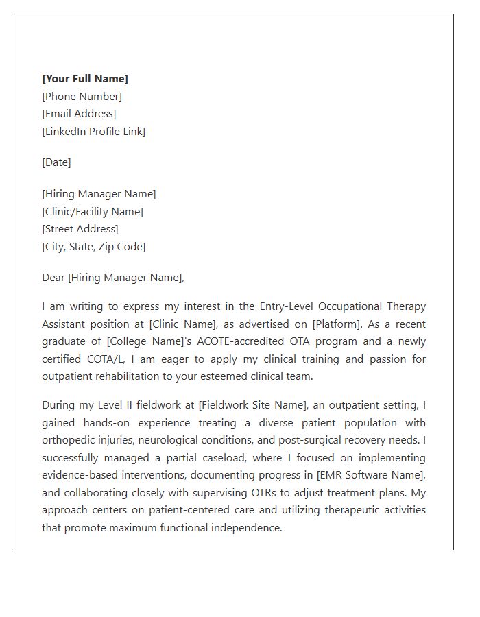 Entry Level Outpatient Rehab Occupational Therapy Assistant Cover Letter Template