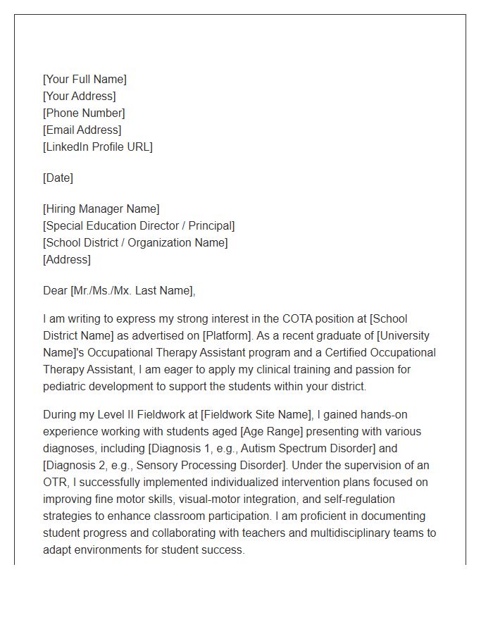 Entry Level School Based Occupational Therapy Assistant Cover Letter Template