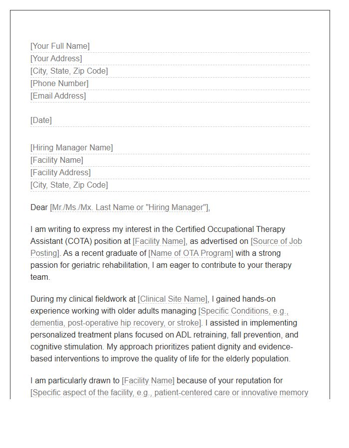 Geriatric Occupational Therapy Assistant Cover Letter Template For Beginners