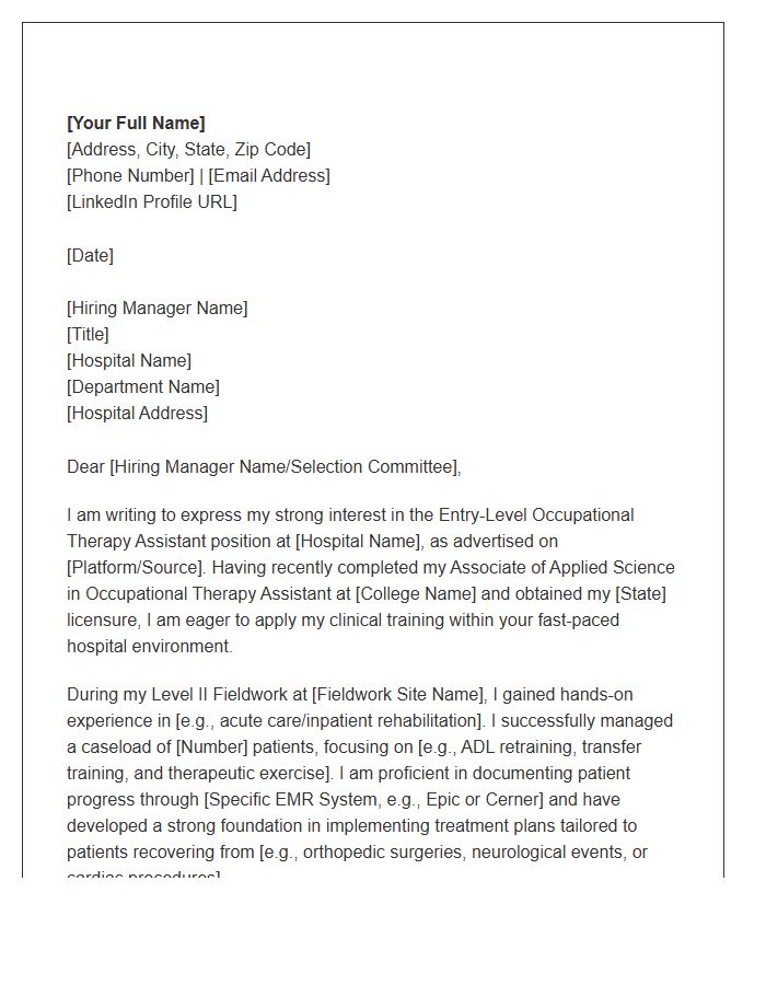 Hospital Based Entry Level Occupational Therapy Assistant Cover Letter Template