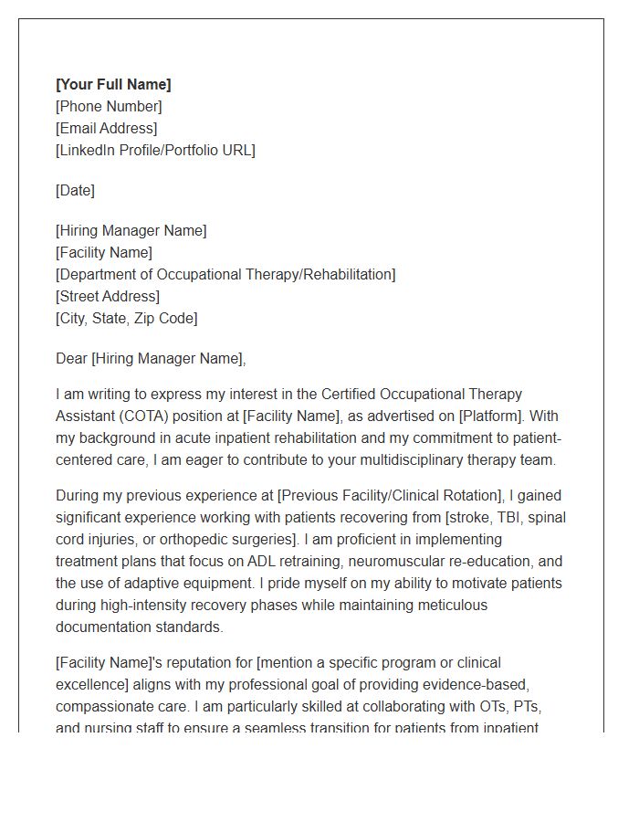 Inpatient Rehabilitation Occupational Therapy Assistant Cover Letter Template