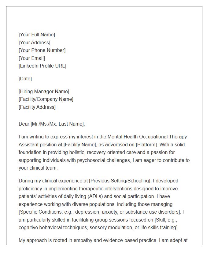 Mental Health Occupational Therapy Assistant Cover Letter Template