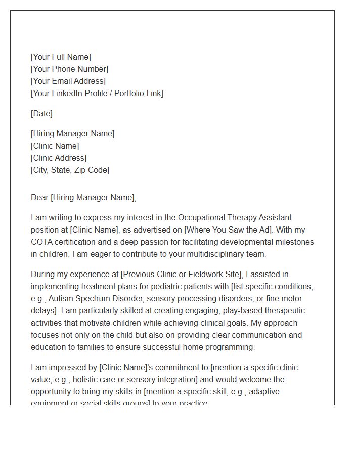 Pediatric Clinic Occupational Therapy Assistant Cover Letter Template