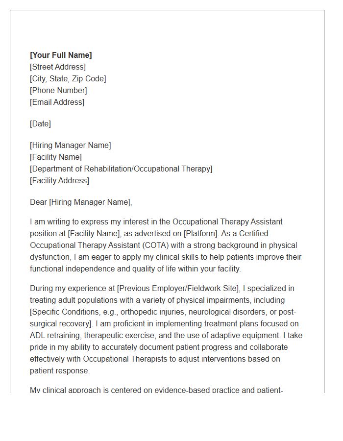 Physical Dysfunction Occupational Therapy Assistant Cover Letter Template