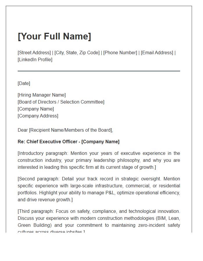 Construction Company CEO Cover Letter Template