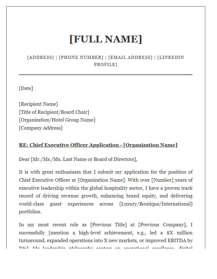 Hospitality Chief Executive Officer Cover Letter Template