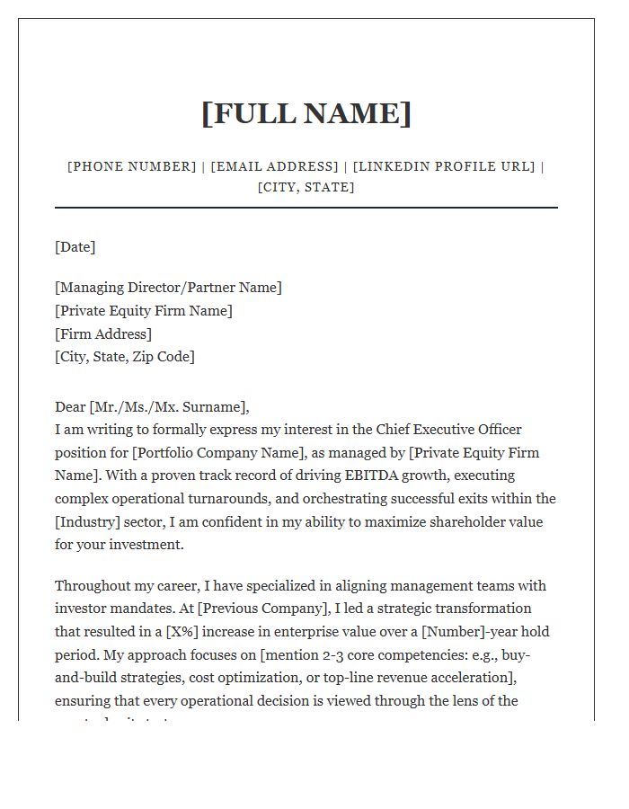 Private Equity CEO Cover Letter Template