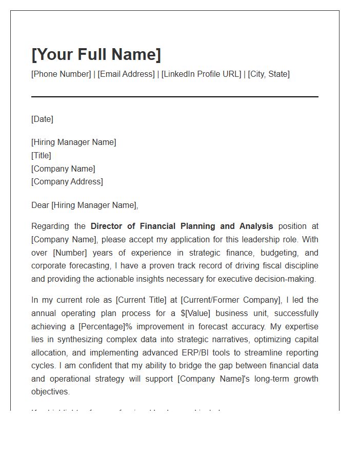 Financial Planning And Analysis Director Cover Letter Template