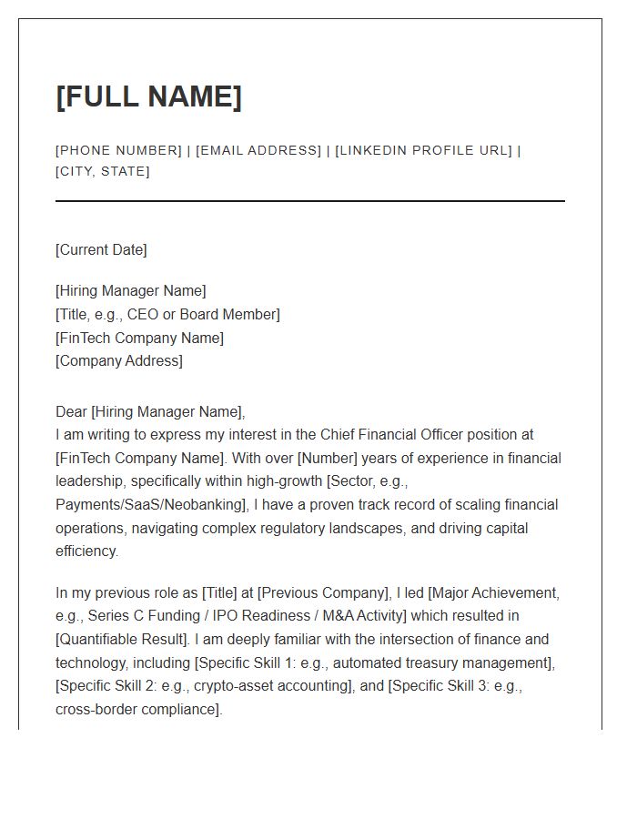 FinTech Chief Financial Officer Cover Letter Template