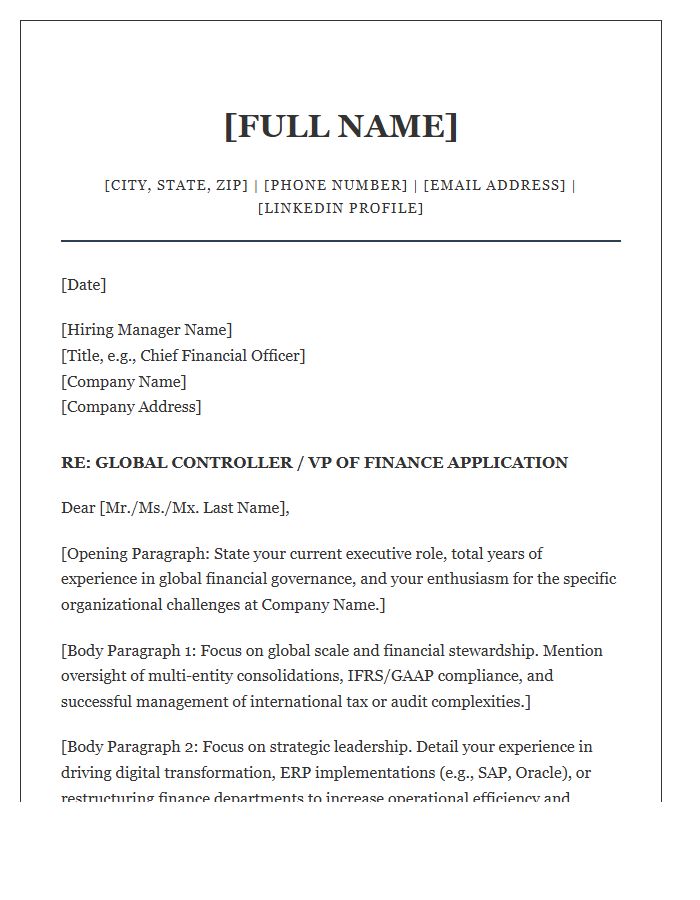 Global Controller Executive Leadership Cover Letter Template