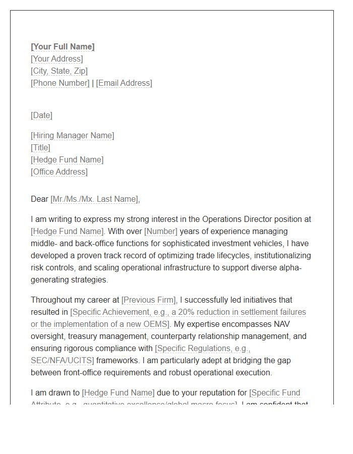 Hedge Fund Operations Director Cover Letter Template