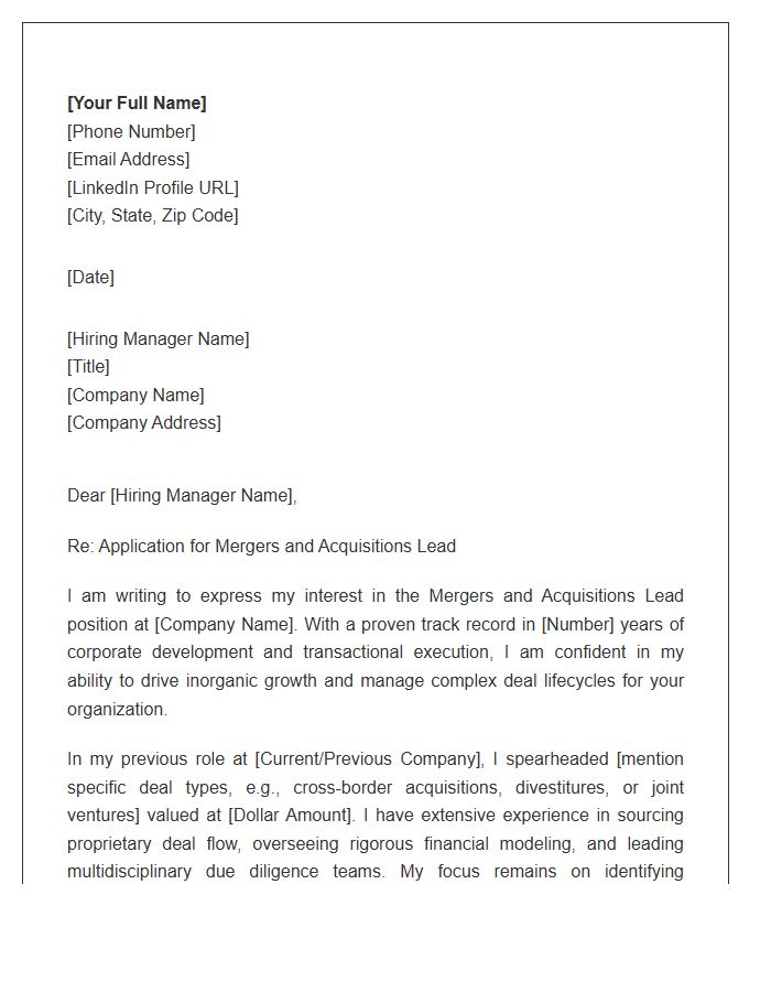 Mergers And Acquisitions Lead Cover Letter Template