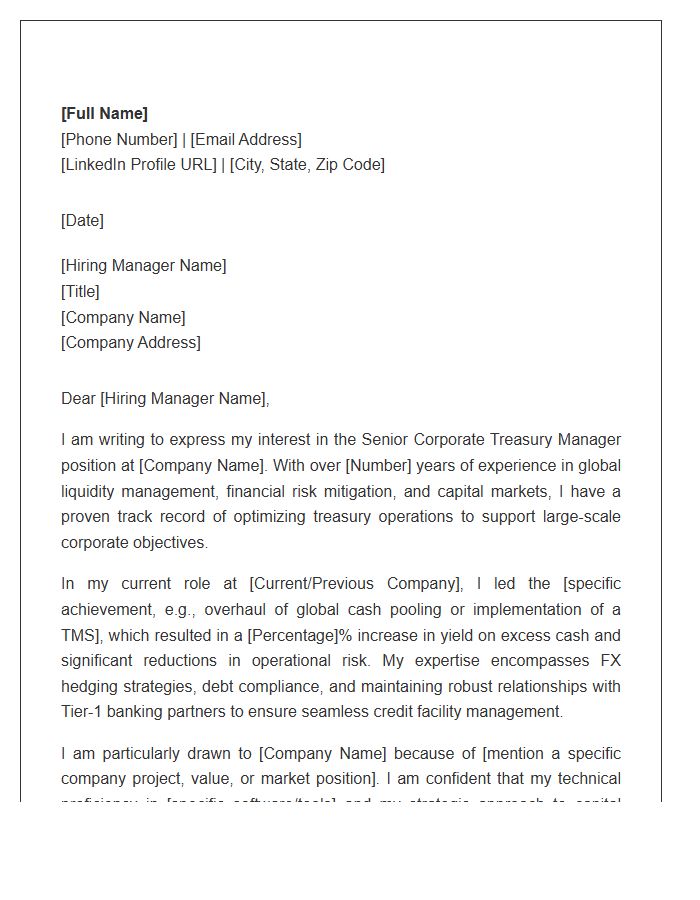 Senior Corporate Treasury Manager Cover Letter Template