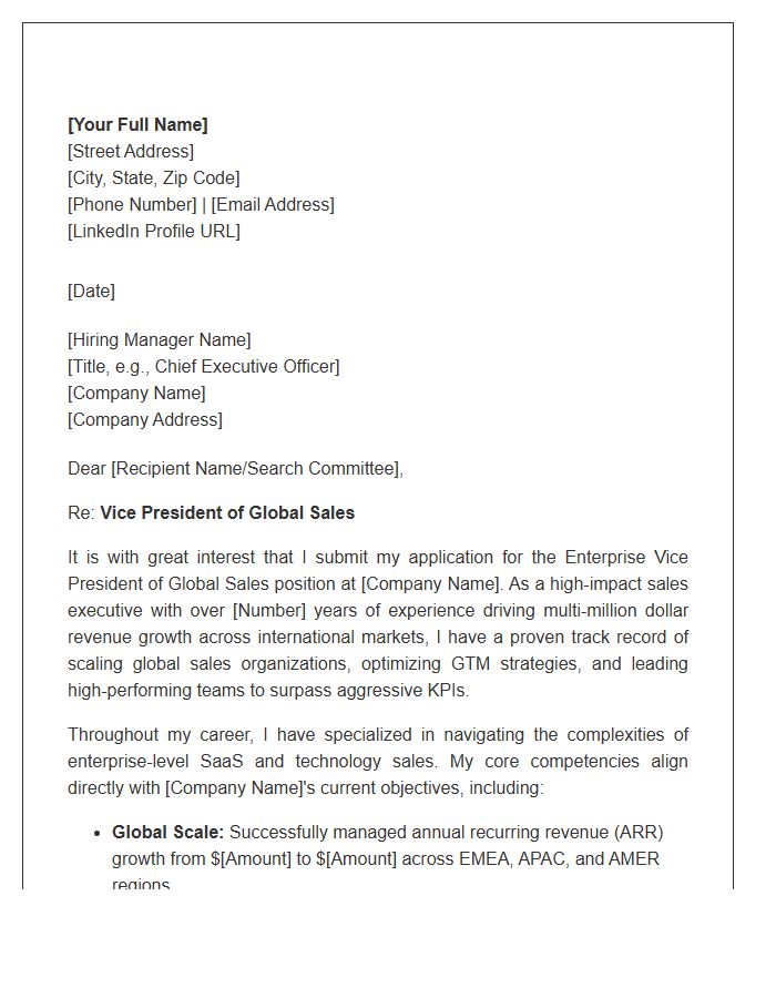 Enterprise Vice President Of Global Sales Cover Letter Template