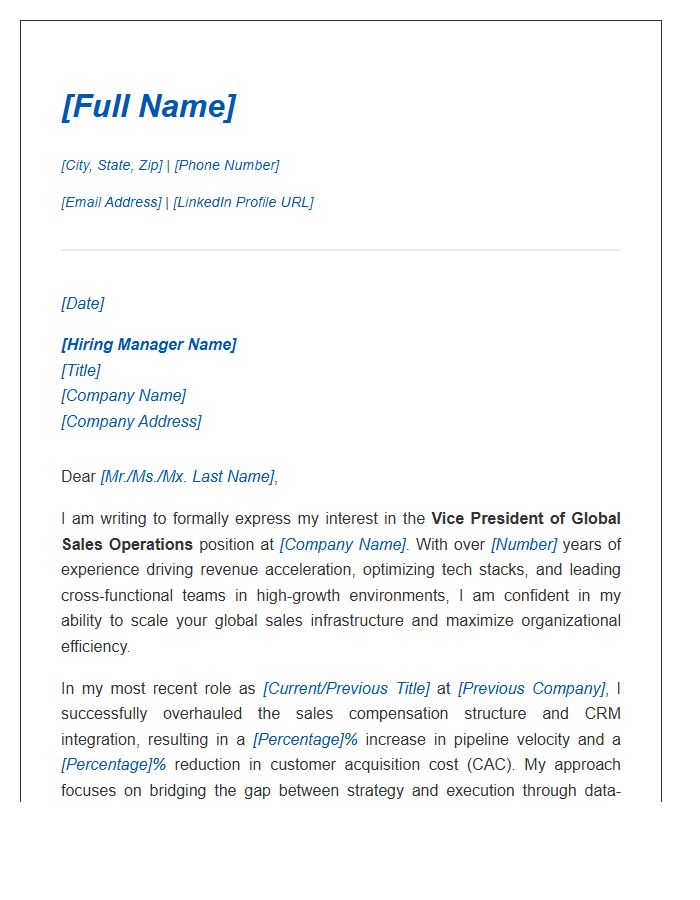 Global Sales Operations Vice President Cover Letter Template