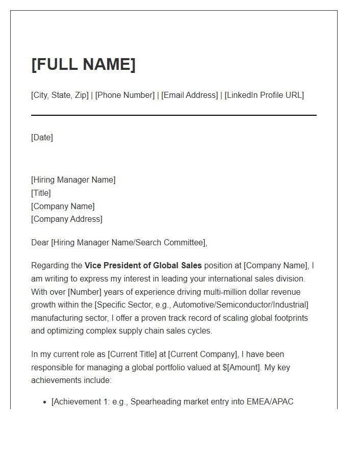 Manufacturing Vice President Of Global Sales Cover Letter Template