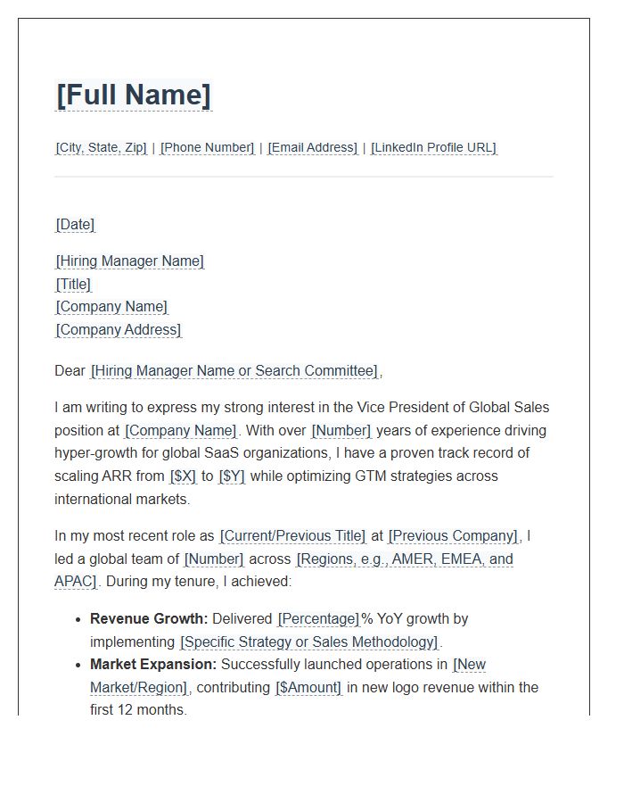 SaaS Vice President Of Global Sales Cover Letter Template