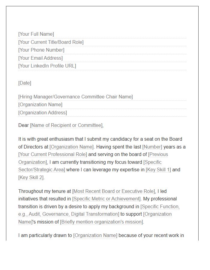Board Member Professional Transition Cover Letter Template