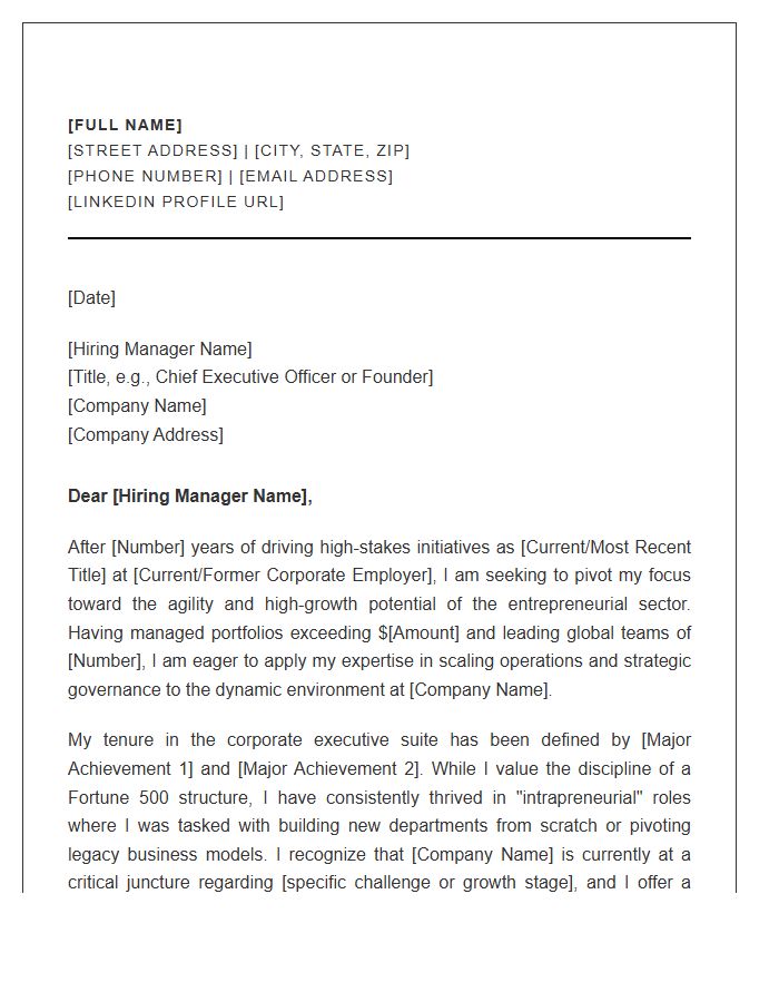 Corporate Vice President Entrepreneurial Shift Cover Letter Template