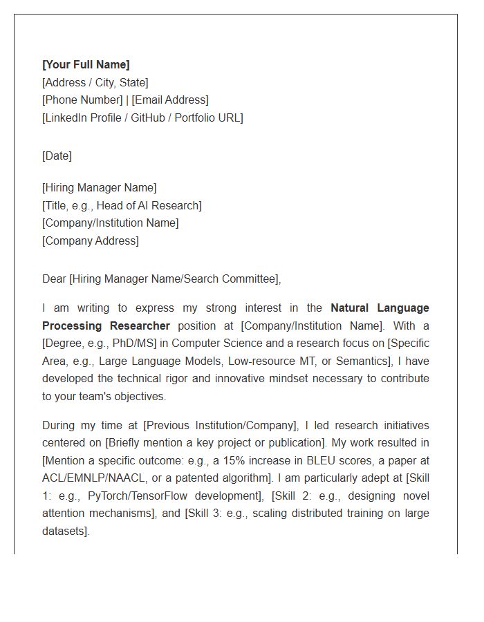 Natural Language Processing Researcher Cover Letter Template
