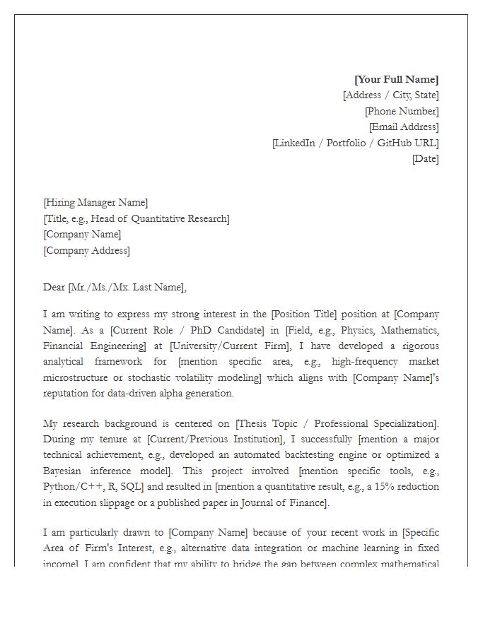 Quantitative Finance Research Cover Letter Template