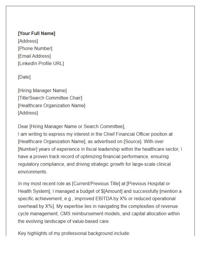 Chief Financial Officer Healthcare Administration Cover Letter Template