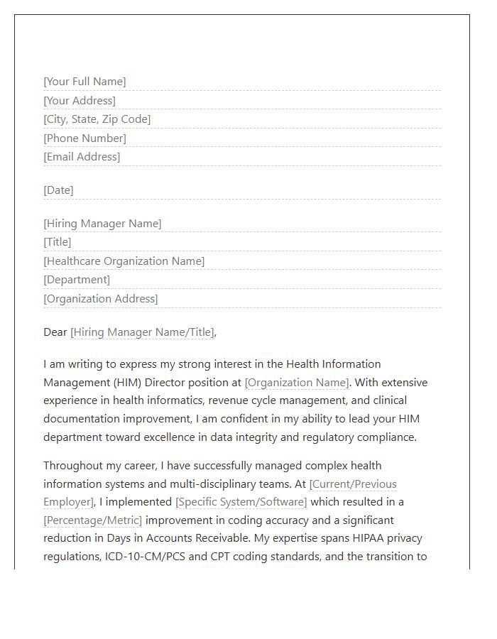 Health Information Management Director Cover Letter Template