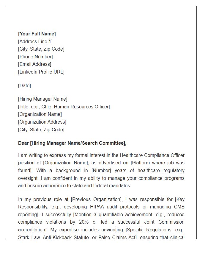 Healthcare Compliance Officer Cover Letter Template