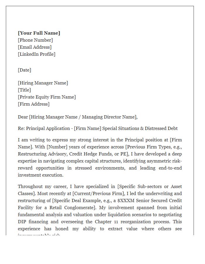 Distressed Debt Private Equity Principal Cover Letter Template