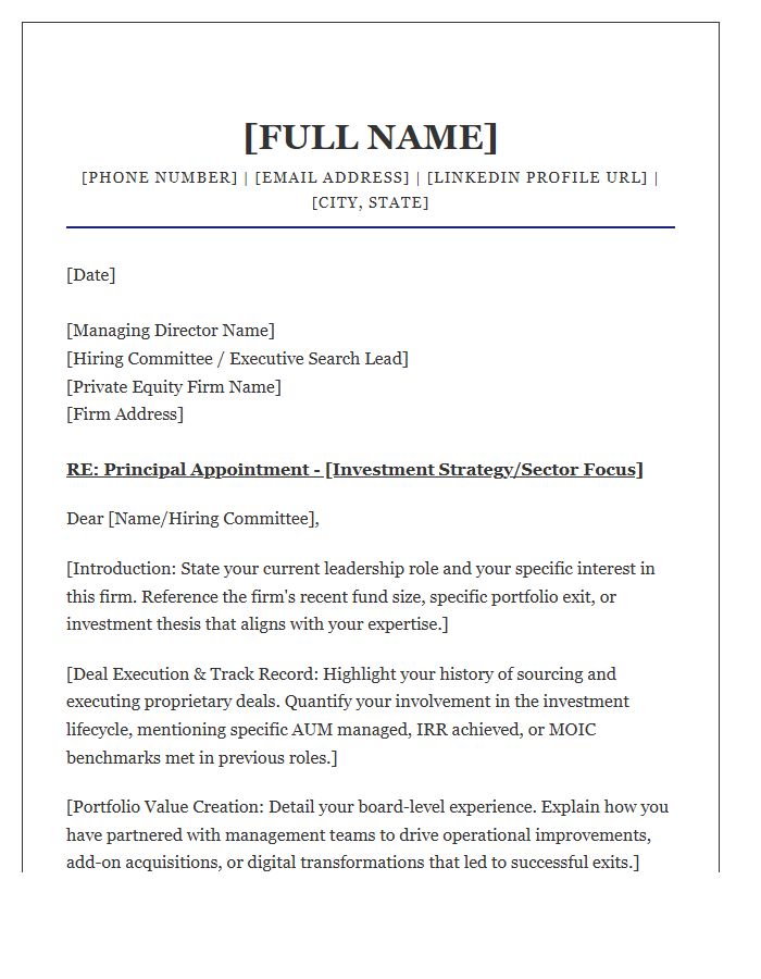 Executive Level Private Equity Principal Cover Letter Template
