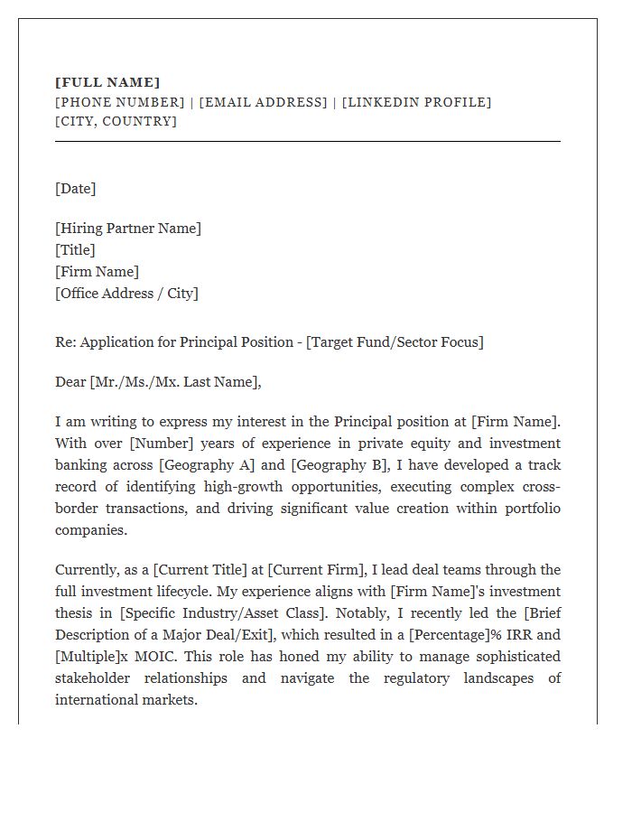 International Private Equity Principal Cover Letter Template