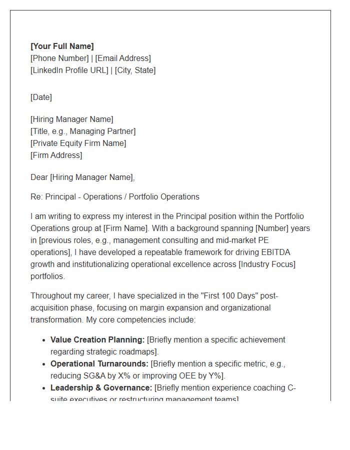 Operations Focused Private Equity Principal Cover Letter Template