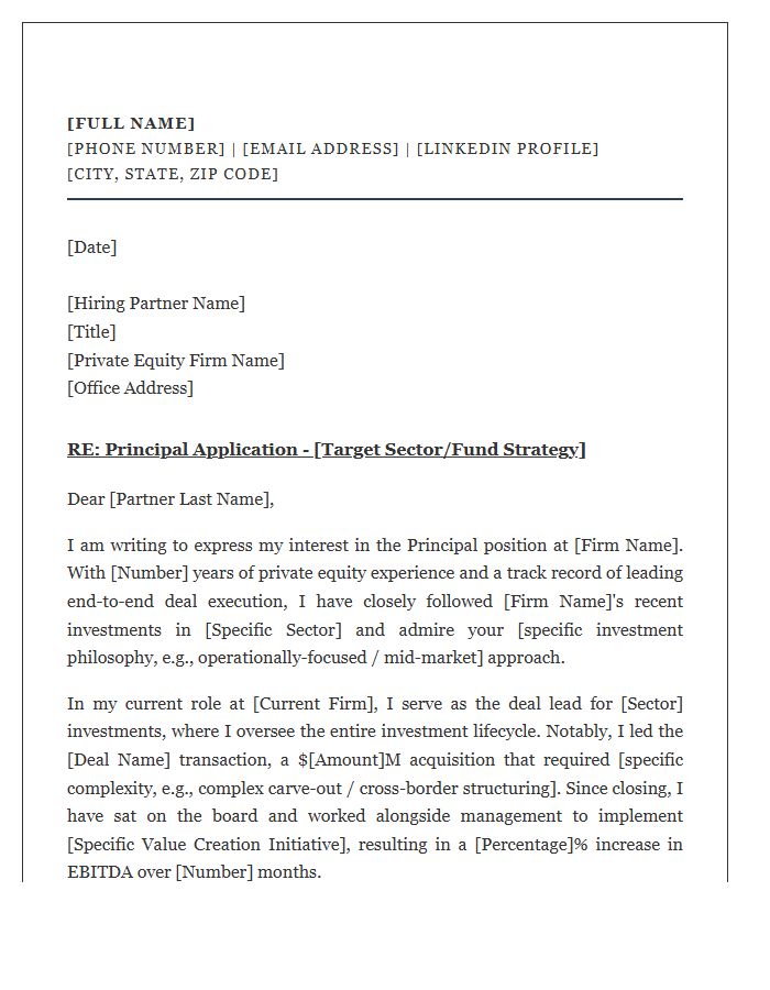 Private Equity Principal Cover Letter Template For Deal Lead Roles