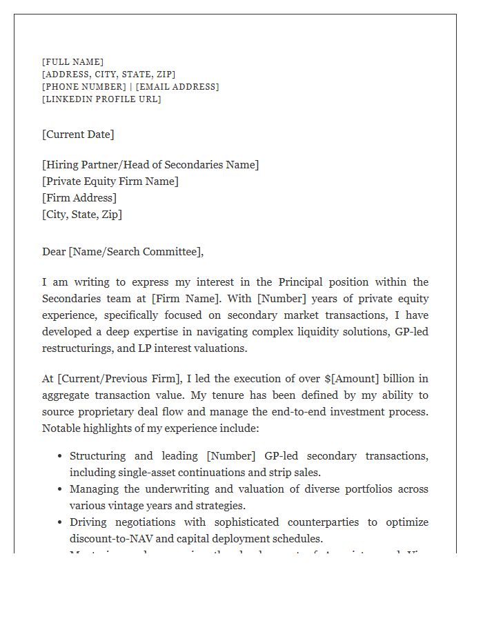 Private Equity Principal Cover Letter Template For Secondary Markets