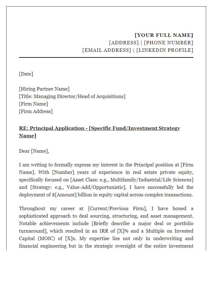 Real Estate Private Equity Principal Cover Letter Template