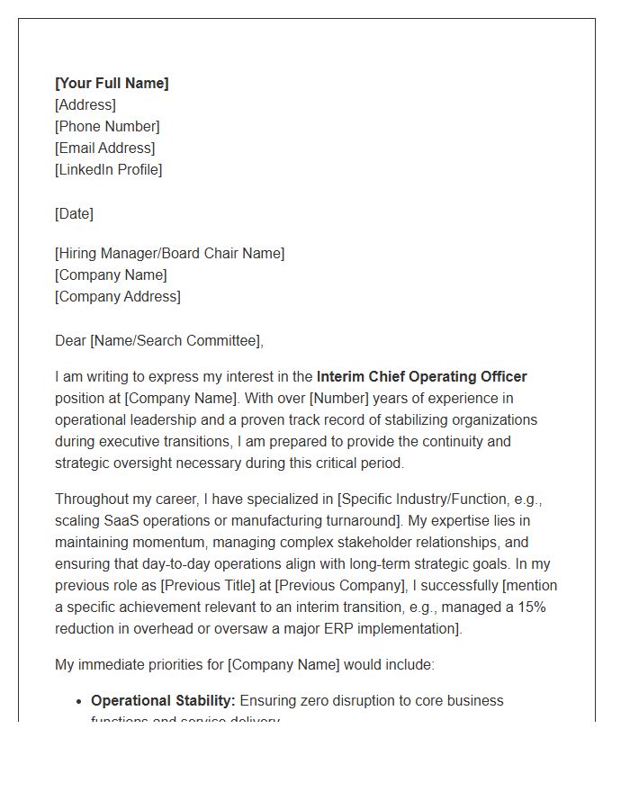 Interim Chief Operating Officer Transition Cover Letter Template