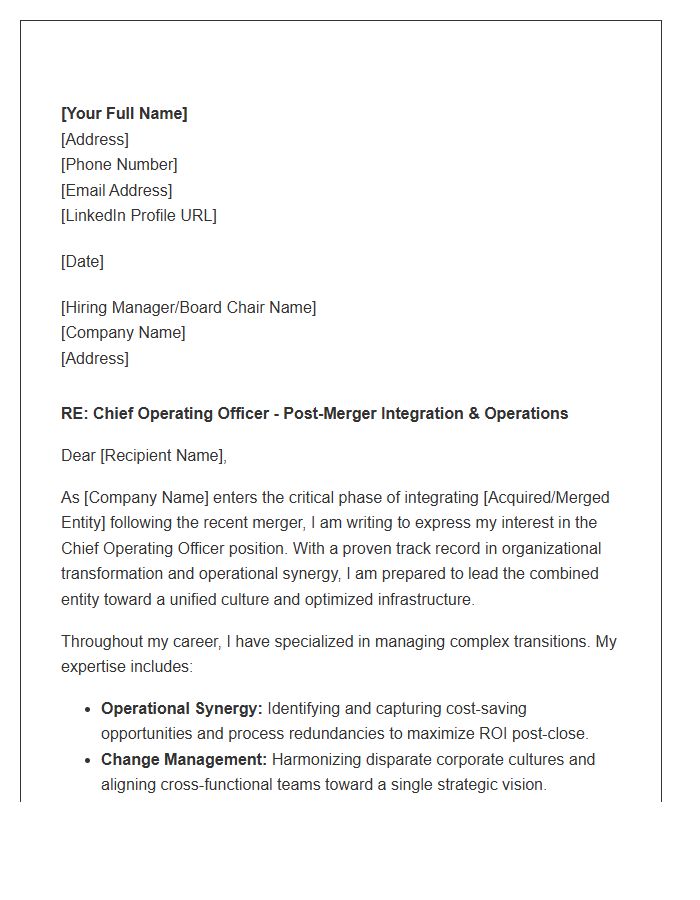 Post Merger Chief Operating Officer Transition Cover Letter Template